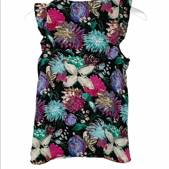 J. Crew Black Floral V Neck Top Flutter Sleeve Sz0 - Picture 6 of 16
